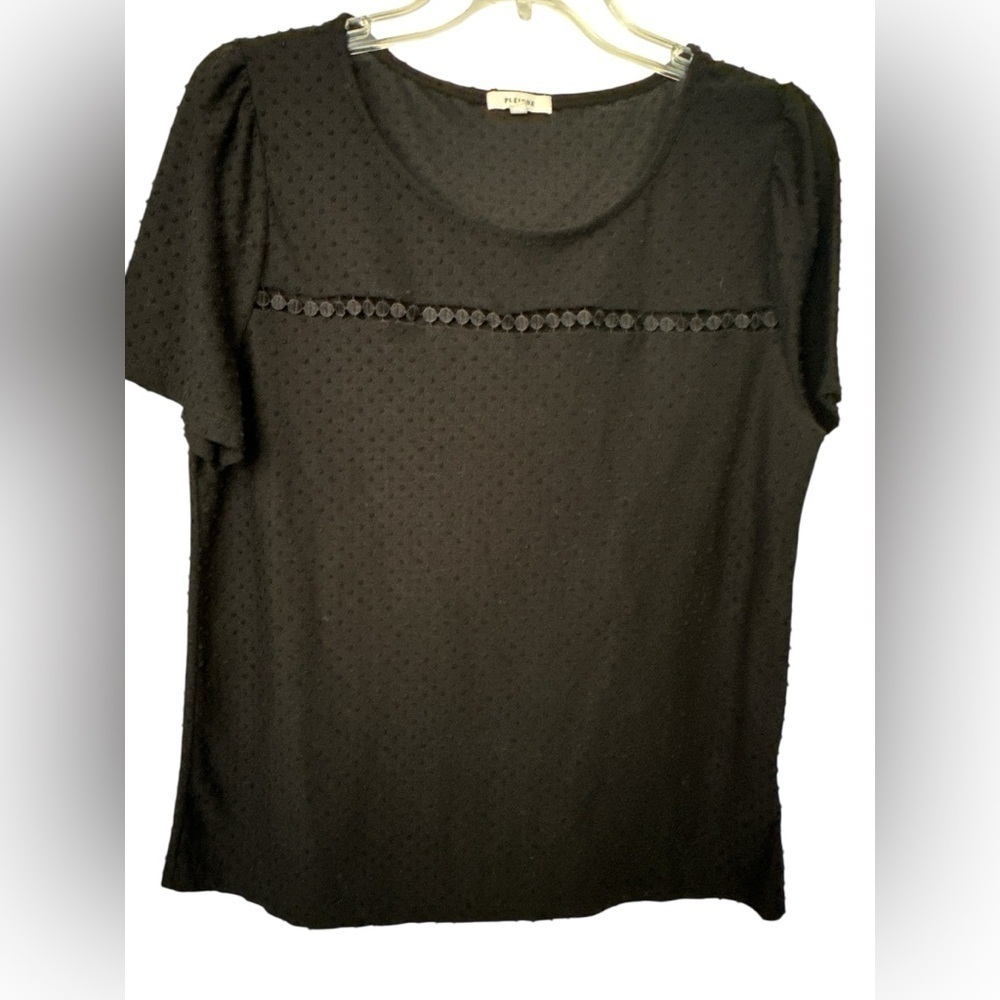 Pleione Black Swiss Dot Short Sleeve Top
